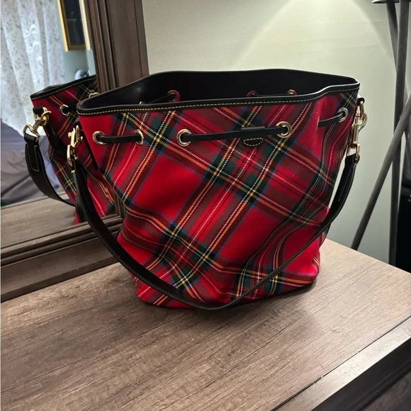 Dooney & Bourke Red Tartan Plaid Women's Bucket Bag - Picture 2 of 9